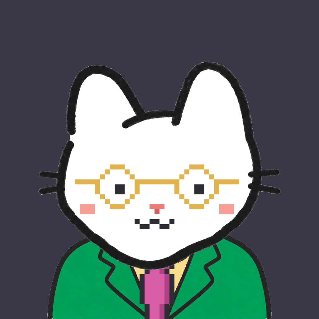 Employee #3307 — a white cat, in a green suit, with a magenta tie, wearing round-gold glasses, on charcoal