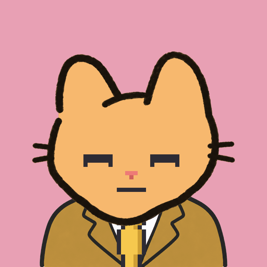 Employee #3308 — a tabby cat, in a mustard suit, with a gold tie, on rose