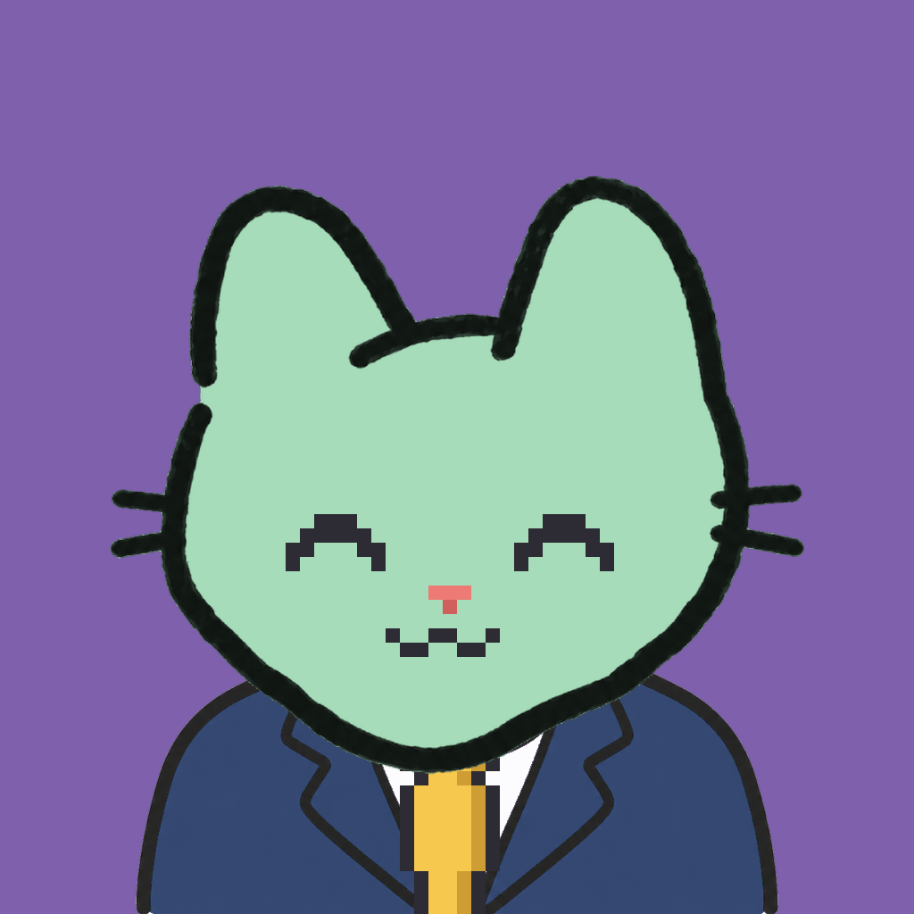 Employee #3309 — a mint cat, in a navy suit, with a gold tie, on plasma violet