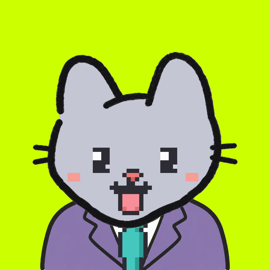 Employee #0331 — a gray cat, in a lavender suit, with a teal tie, on volt