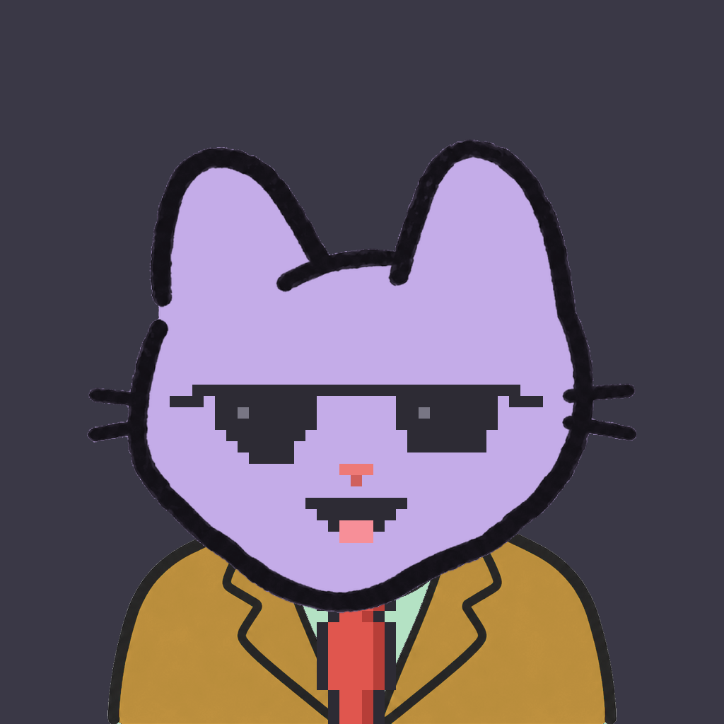 Employee #3310 — a lavender cat, in a mustard suit, with a red tie, wearing shades glasses, on charcoal