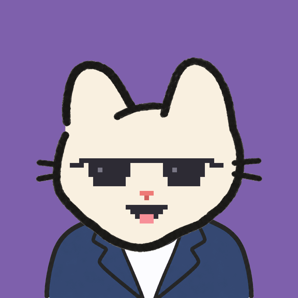 Employee #3311 — a cream cat, in a navy suit, wearing shades glasses, on plasma violet