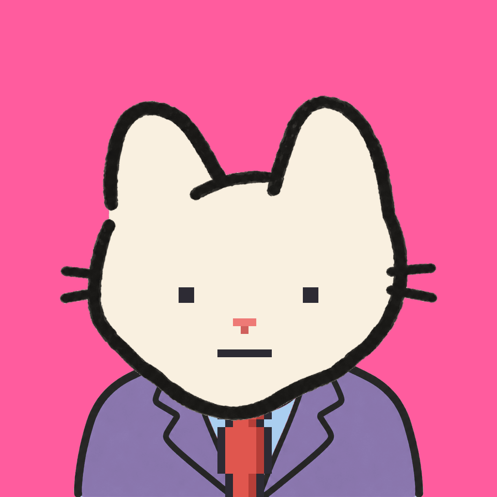 Employee #3312 — a cream cat, in a lavender suit, with a red tie, on hot pink