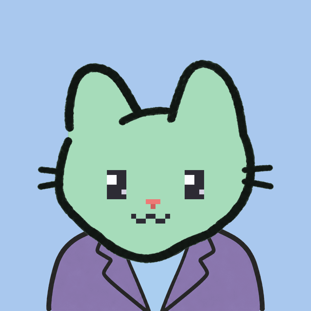 Employee #3313 — a mint cat, in a lavender suit, on sky