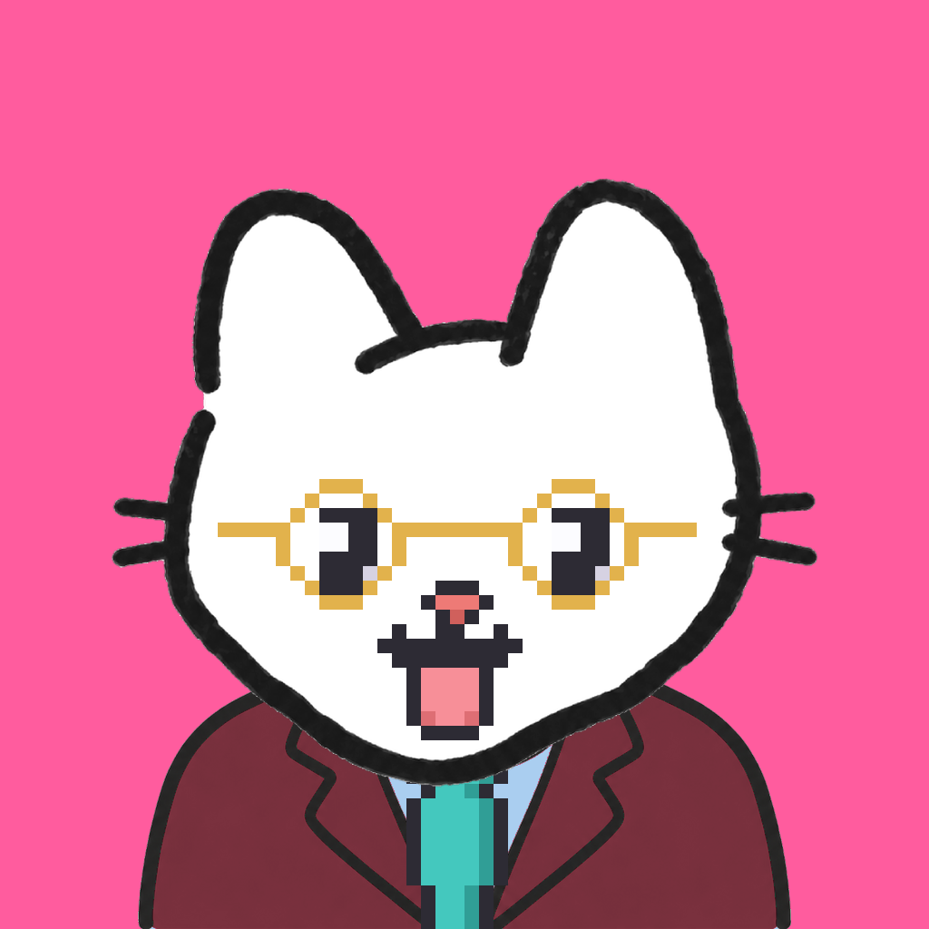 Employee #3314 — a white cat, in a burgundy suit, with a teal tie, wearing round-gold glasses, on hot pink