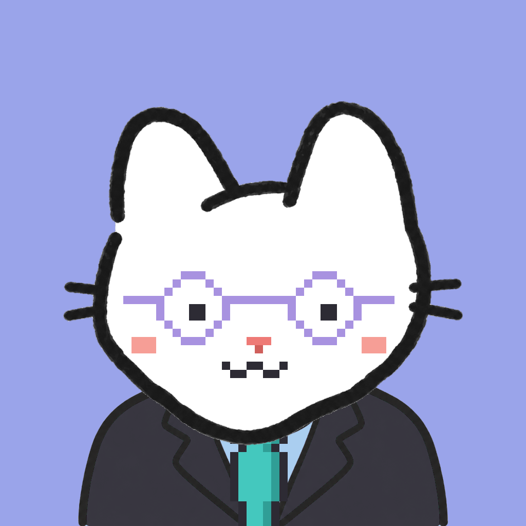 Employee #3315 — a white cat, in a black suit, with a teal tie, wearing round-lavender glasses, on periwinkle