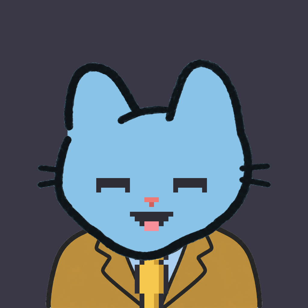 Employee #3317 — a sky cat, in a mustard suit, with a gold tie, on charcoal