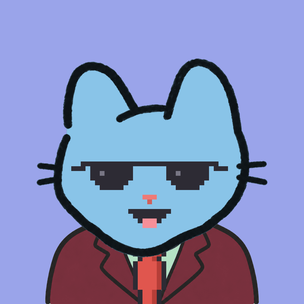 Employee #3318 — a sky cat, in a burgundy suit, with a red tie, wearing shades glasses, on periwinkle