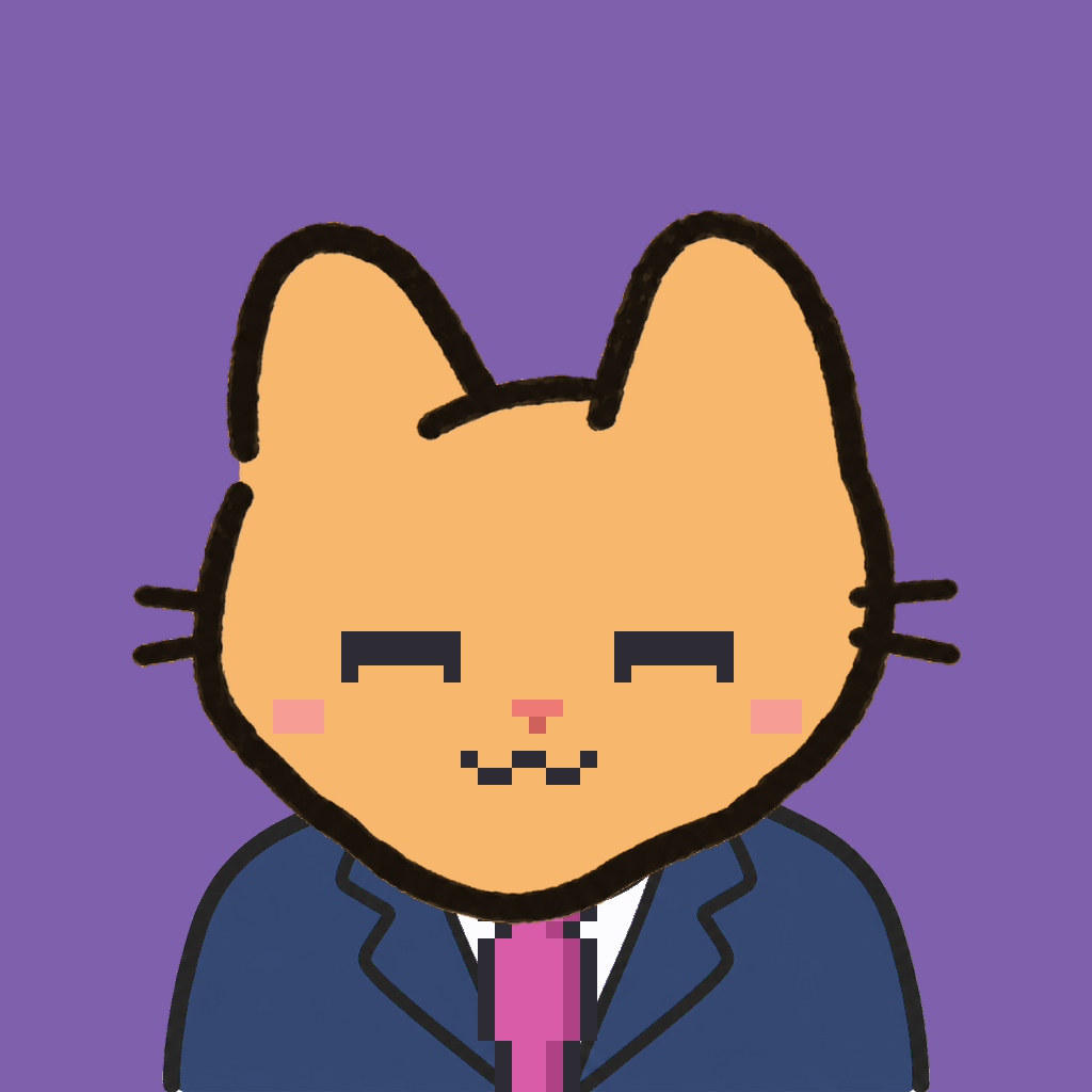 Employee #3319 — a tabby cat, in a navy suit, with a magenta tie, on plasma violet