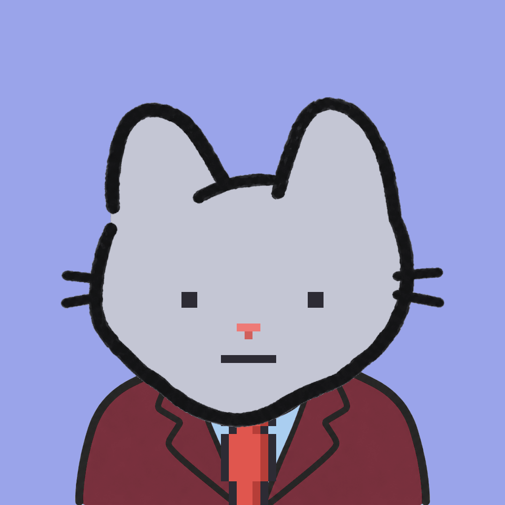 Employee #0332 — a gray cat, in a burgundy suit, with a red tie, on periwinkle