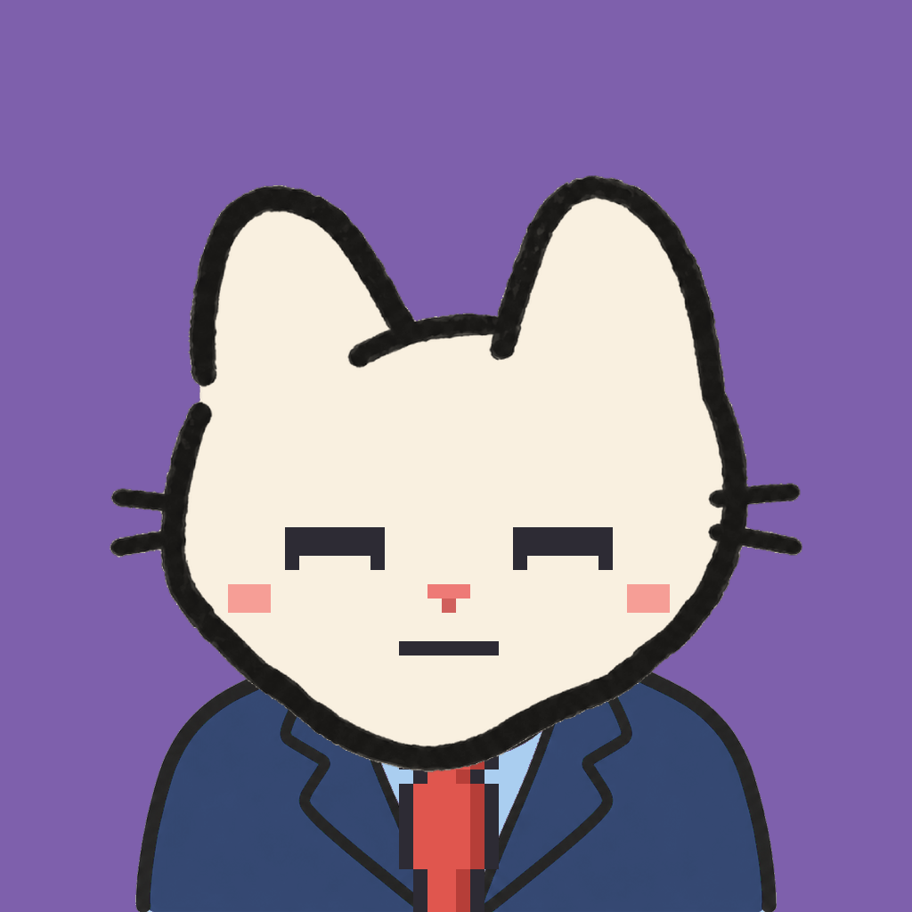 Employee #3320 — a cream cat, in a navy suit, with a red tie, on plasma violet