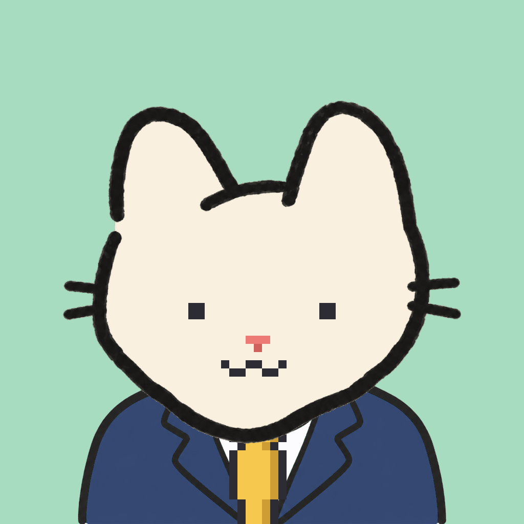 Employee #3322 — a cream cat, in a navy suit, with a gold tie, on mint