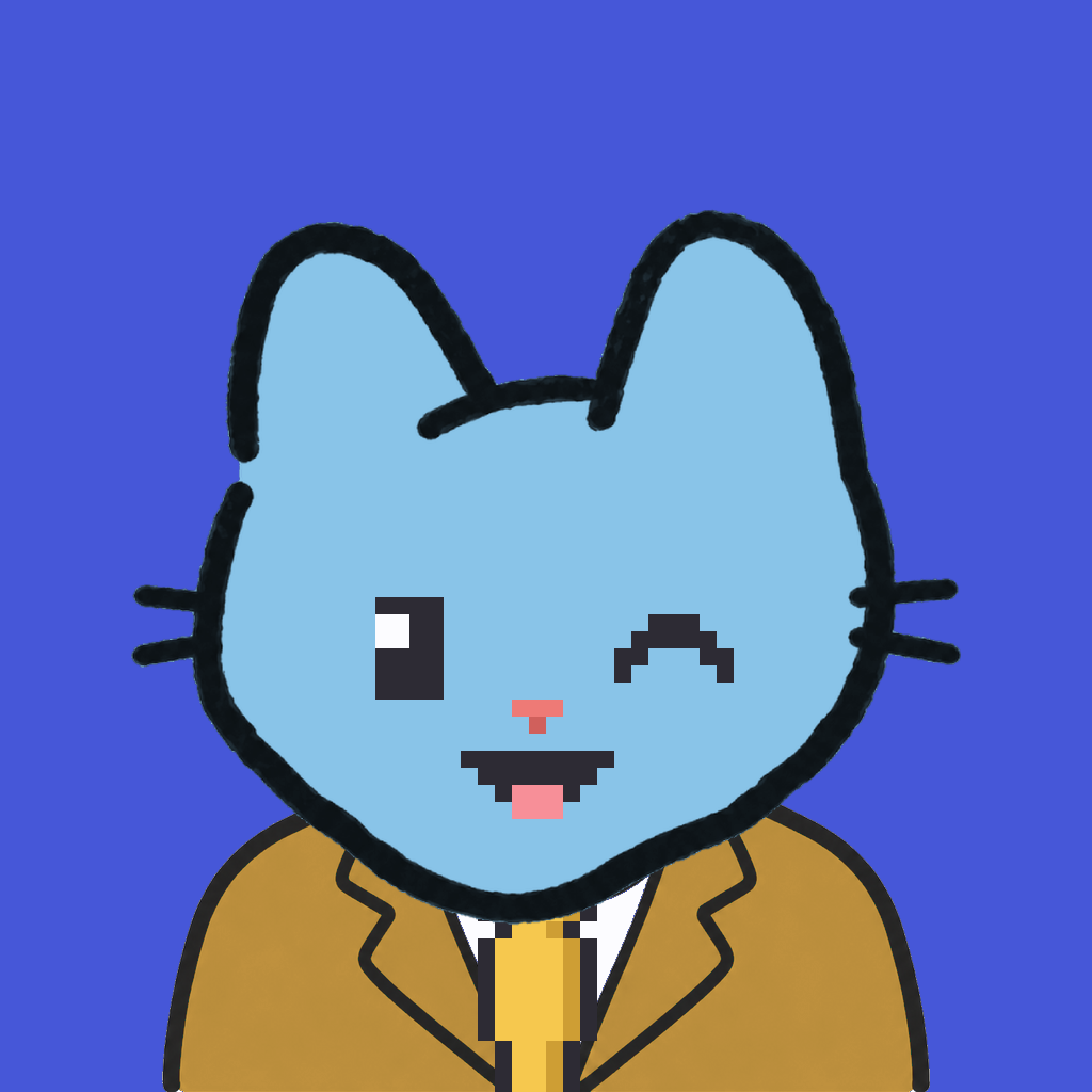 Employee #3323 — a sky cat, in a mustard suit, with a gold tie, on royal