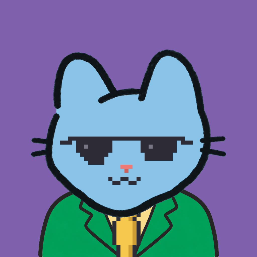 Employee #3324 — a sky cat, in a green suit, with a gold tie, wearing shades glasses, on plasma violet