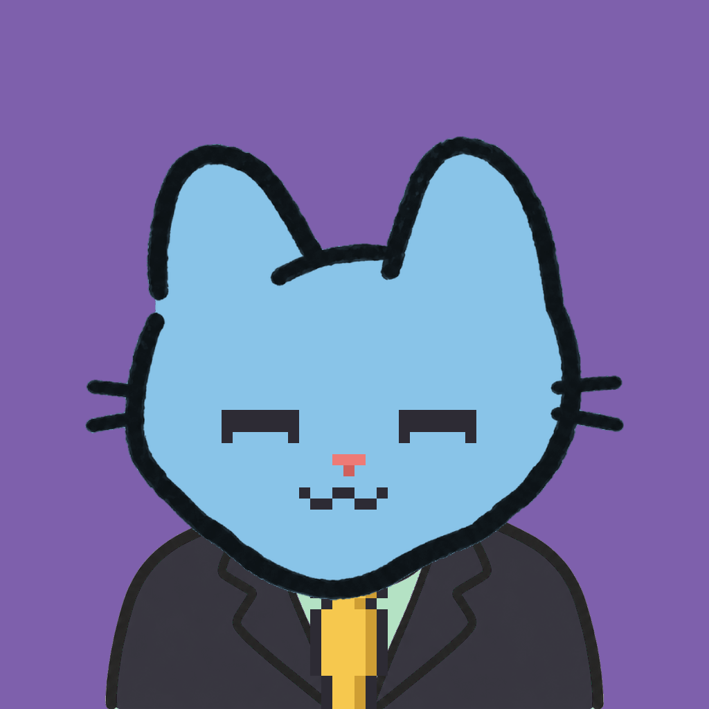 Employee #3325 — a sky cat, in a black suit, with a gold tie, on plasma violet