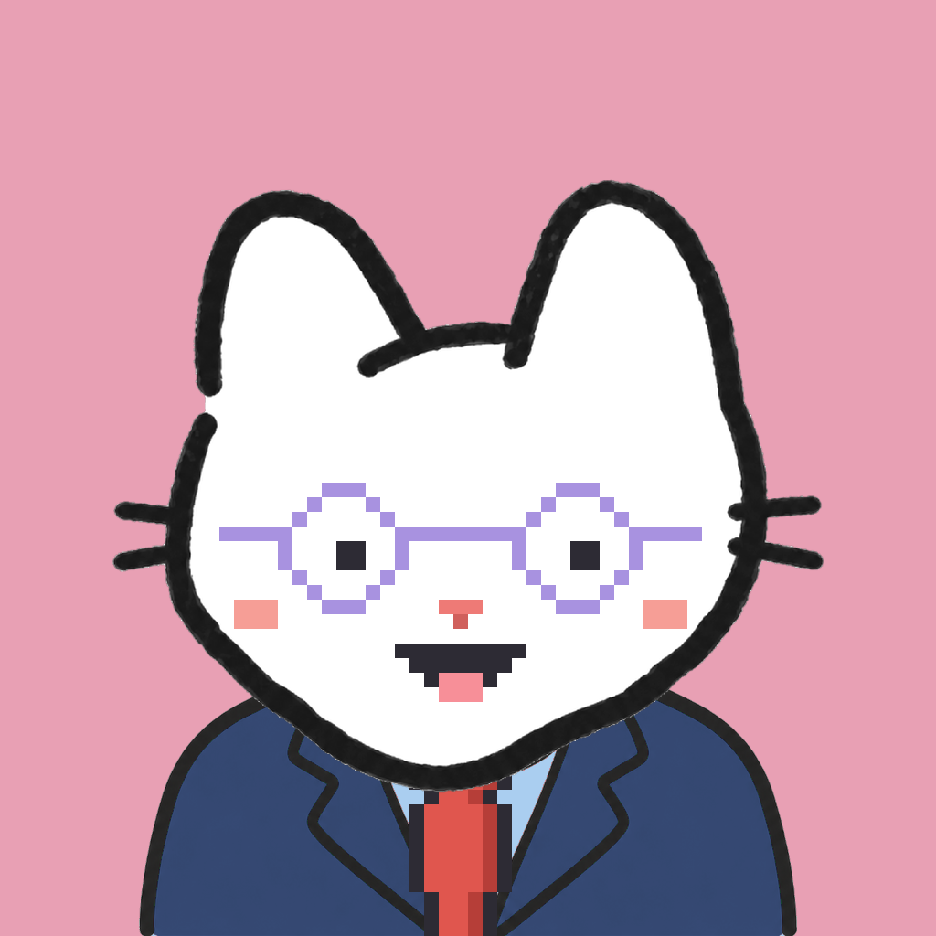 Employee #3326 — a white cat, in a navy suit, with a red tie, wearing round-lavender glasses, on rose