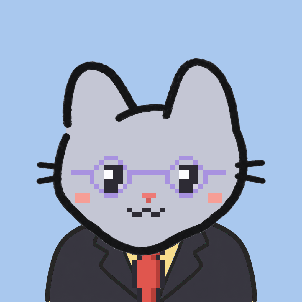 Employee #3327 — a gray cat, in a black suit, with a red tie, wearing round-lavender glasses, on sky