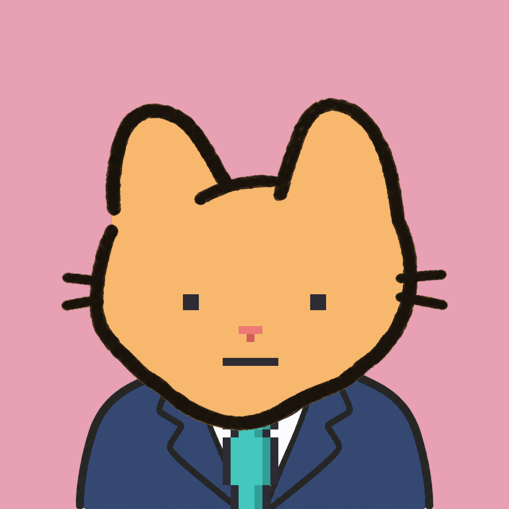 Employee #3328 — a tabby cat, in a navy suit, with a teal tie, on rose