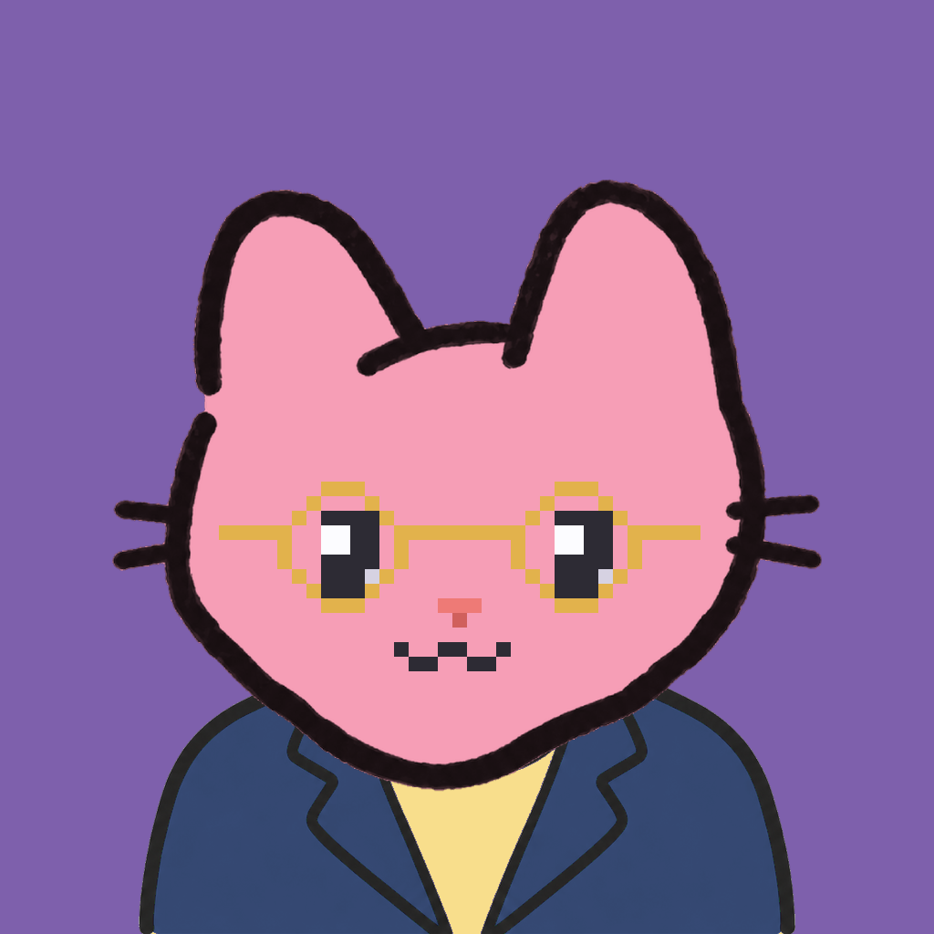 Employee #3329 — a pink cat, in a navy suit, wearing round-gold glasses, on plasma violet