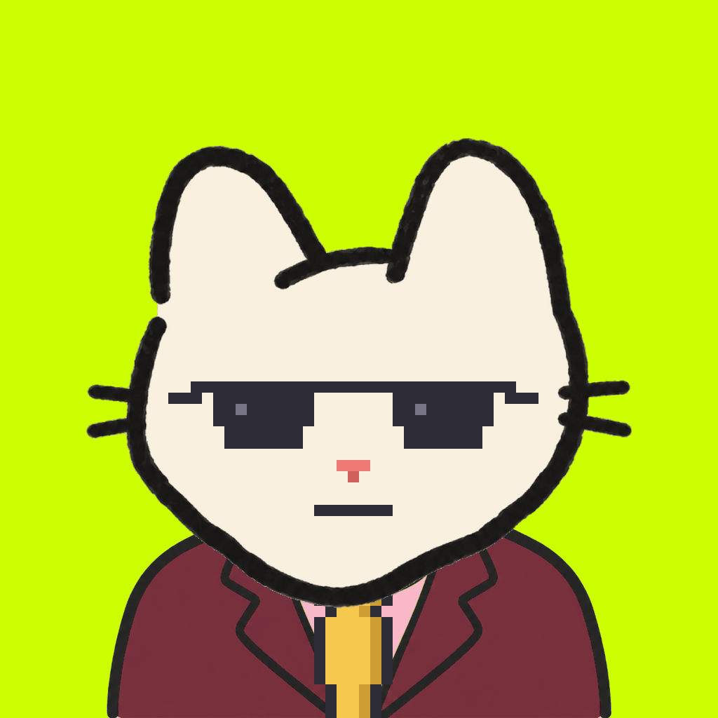 Employee #0333 — a cream cat, in a burgundy suit, with a gold tie, wearing shades glasses, on volt