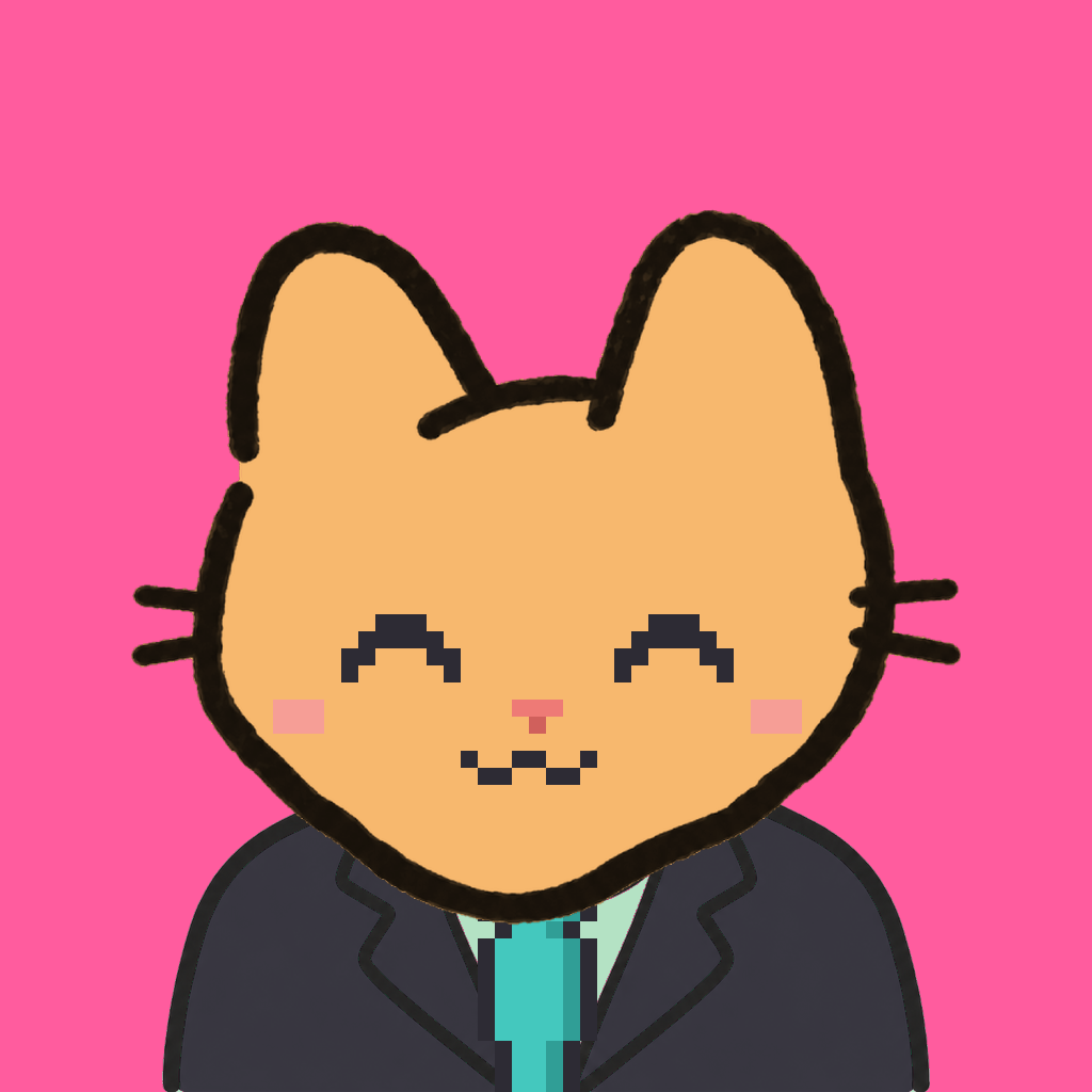 Employee #3330 — a tabby cat, in a black suit, with a teal tie, on hot pink