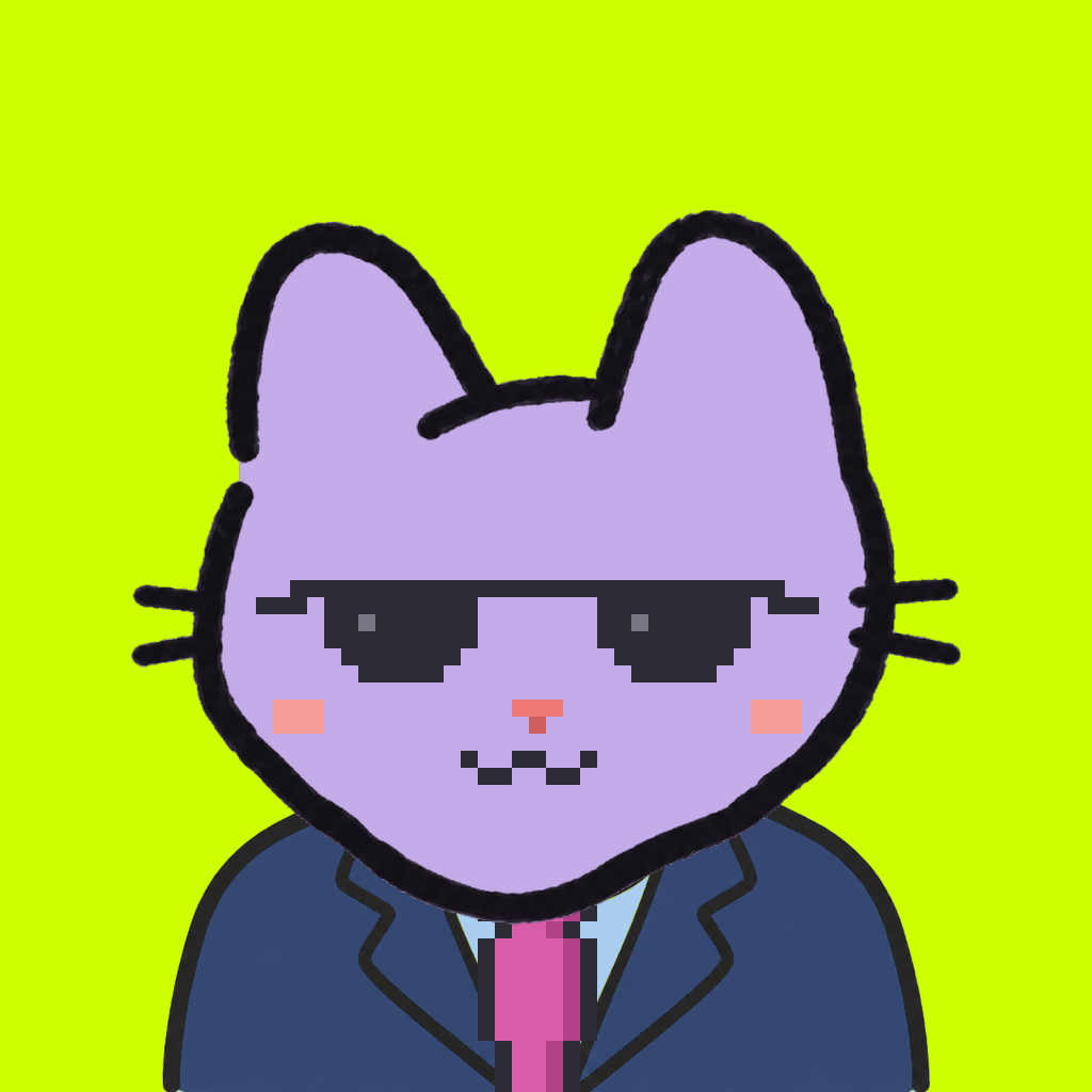 Employee #3331 — a lavender cat, in a navy suit, with a magenta tie, wearing shades glasses, on volt