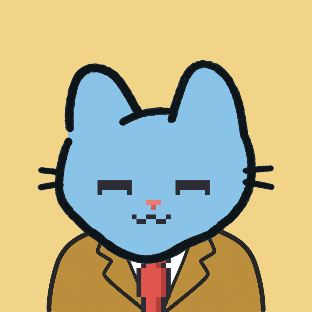 Employee #3332 — a sky cat, in a mustard suit, with a red tie, on butter