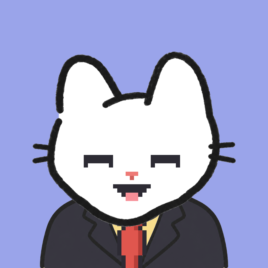 Employee #3333 — a white cat, in a black suit, with a red tie, on periwinkle