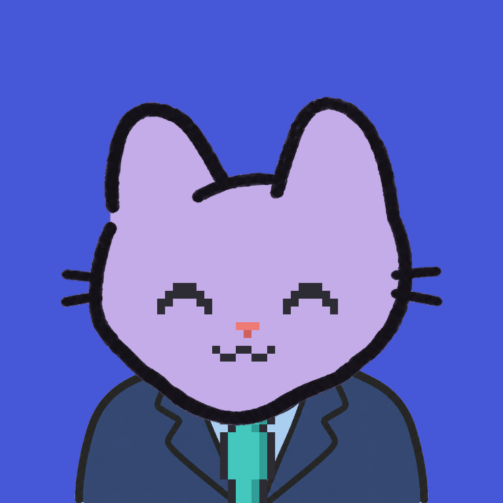 Employee #0334 — a lavender cat, in a navy suit, with a teal tie, on royal