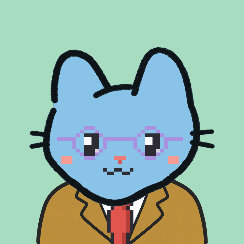Employee #0335 — a sky cat, in a mustard suit, with a red tie, wearing round-lavender glasses, on mint