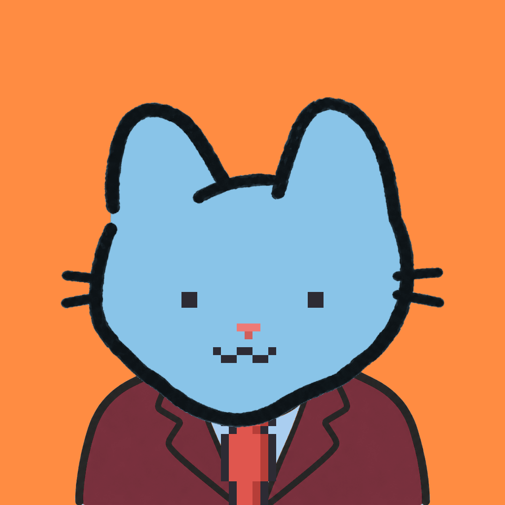 Employee #0336 — a sky cat, in a burgundy suit, with a red tie, on tangerine