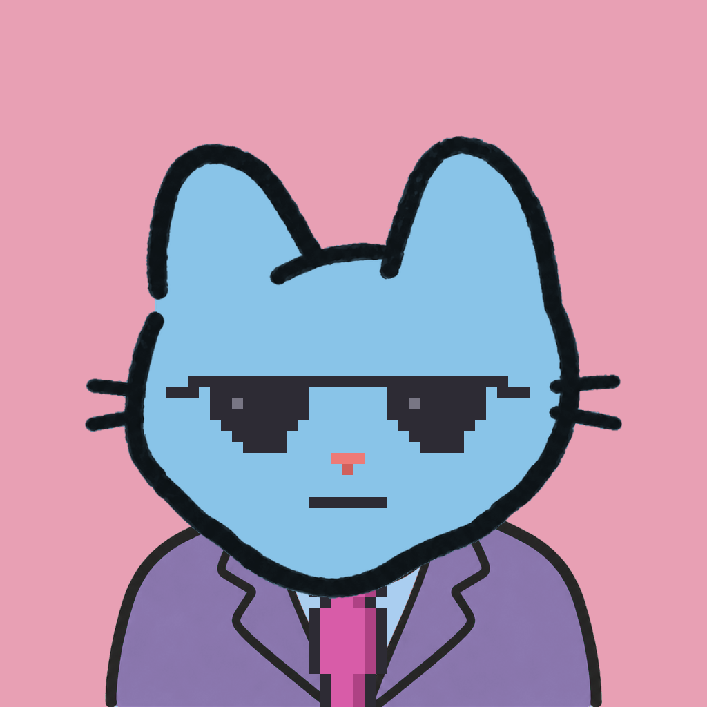 Employee #0337 — a sky cat, in a lavender suit, with a magenta tie, wearing shades glasses, on rose