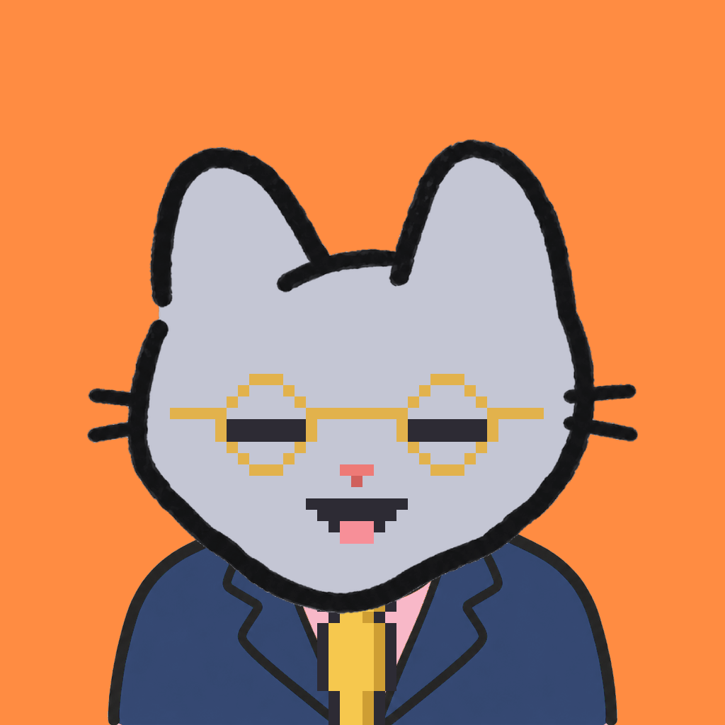 Employee #0338 — a gray cat, in a navy suit, with a gold tie, wearing round-gold glasses, on tangerine