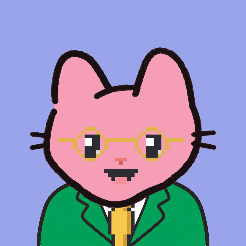 Employee #0339 — a pink cat, in a green suit, with a gold tie, wearing round-gold glasses, on periwinkle