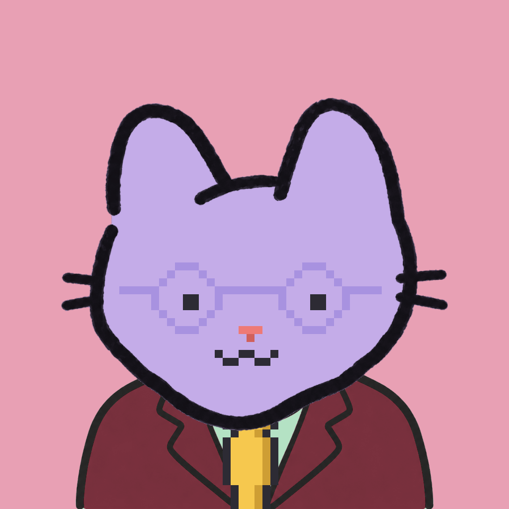 Employee #0034 — a lavender cat, in a burgundy suit, with a gold tie, wearing round-lavender glasses, on rose