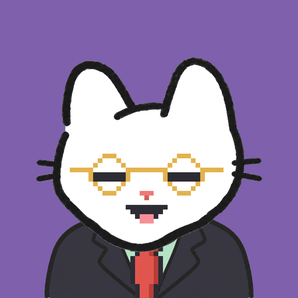 Employee #0340 — a white cat, in a black suit, with a red tie, wearing round-gold glasses, on plasma violet