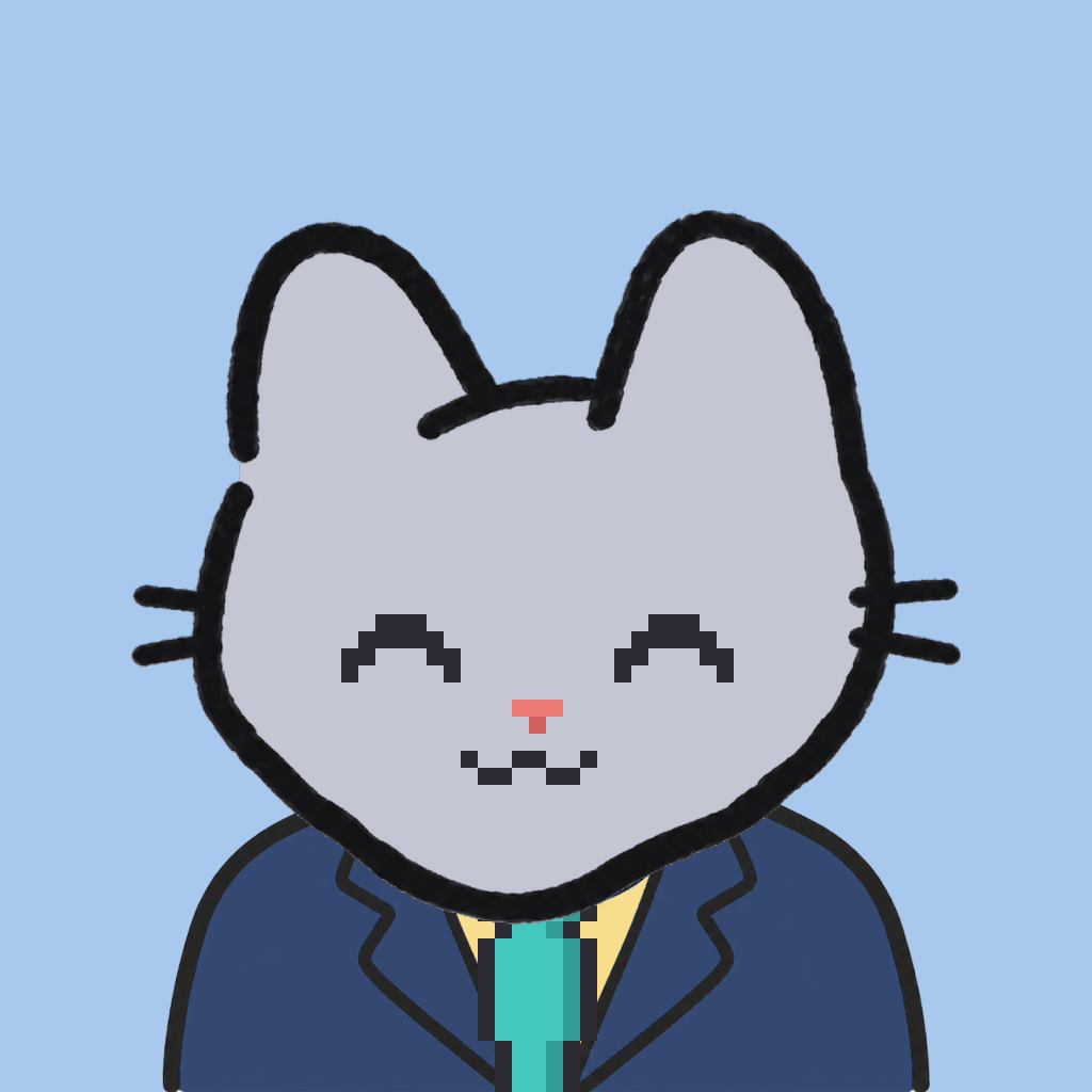 Employee #0341 — a gray cat, in a navy suit, with a teal tie, on sky