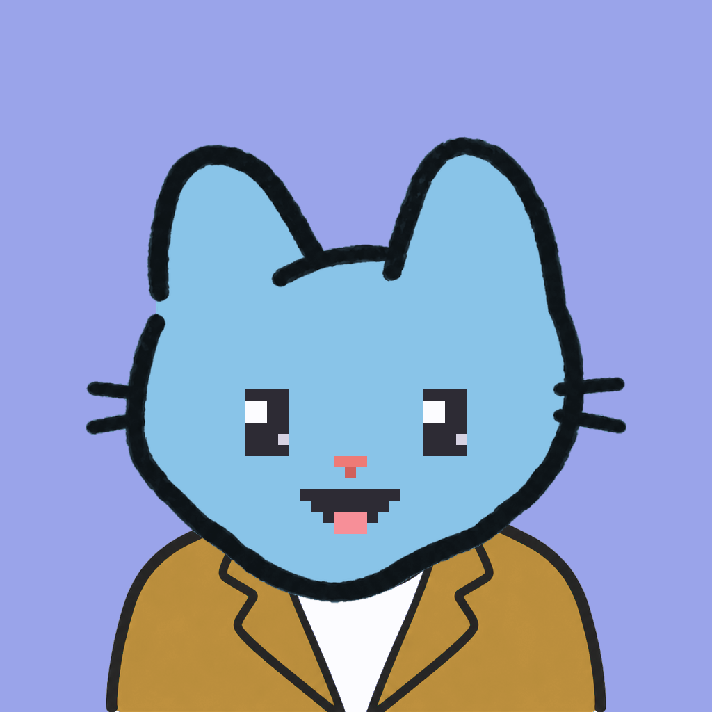 Employee #0342 — a sky cat, in a mustard suit, on periwinkle