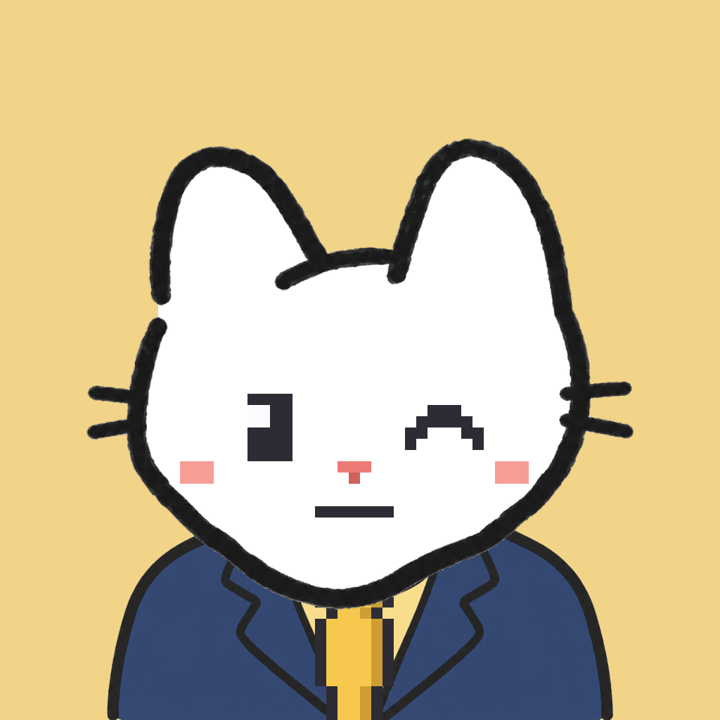 Employee #0344 — a white cat, in a navy suit, with a gold tie, on butter