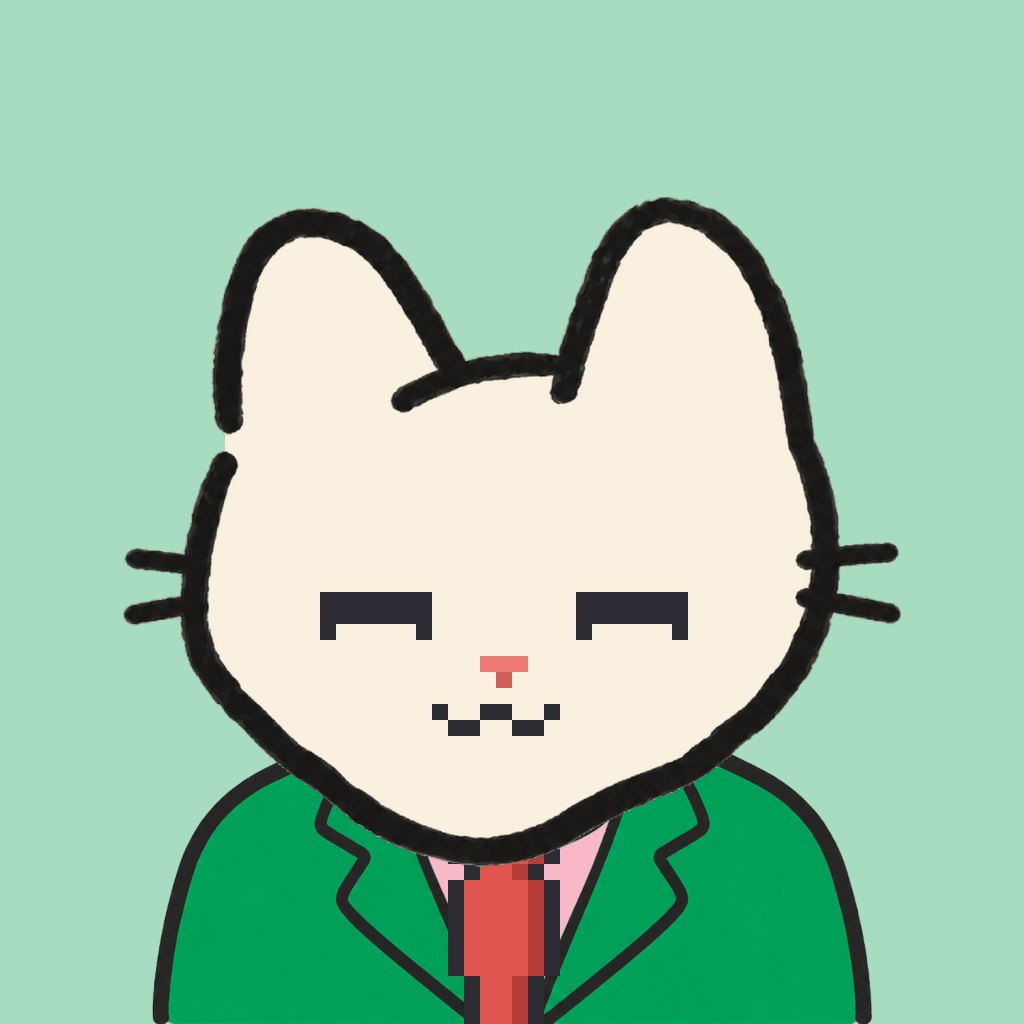 Employee #0345 — a cream cat, in a green suit, with a red tie, on mint