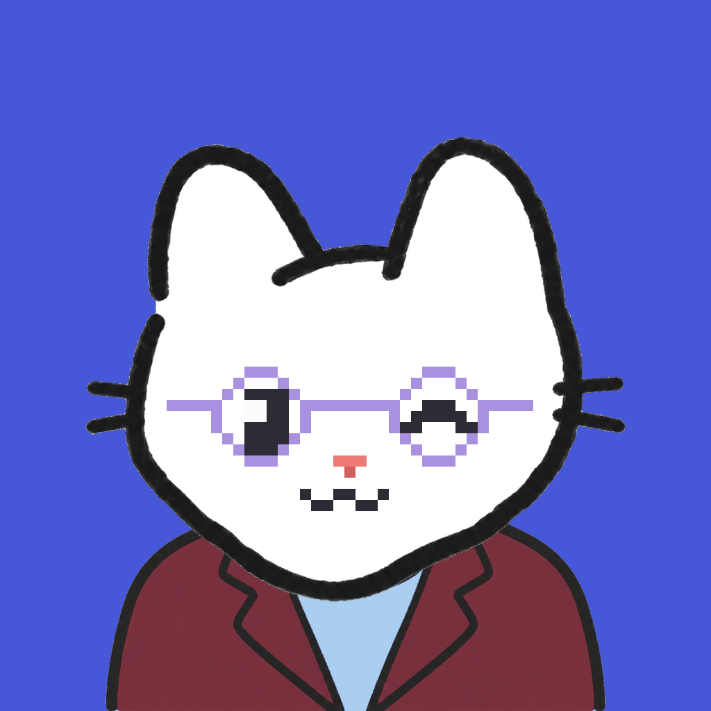 Employee #0347 — a white cat, in a burgundy suit, wearing round-lavender glasses, on royal