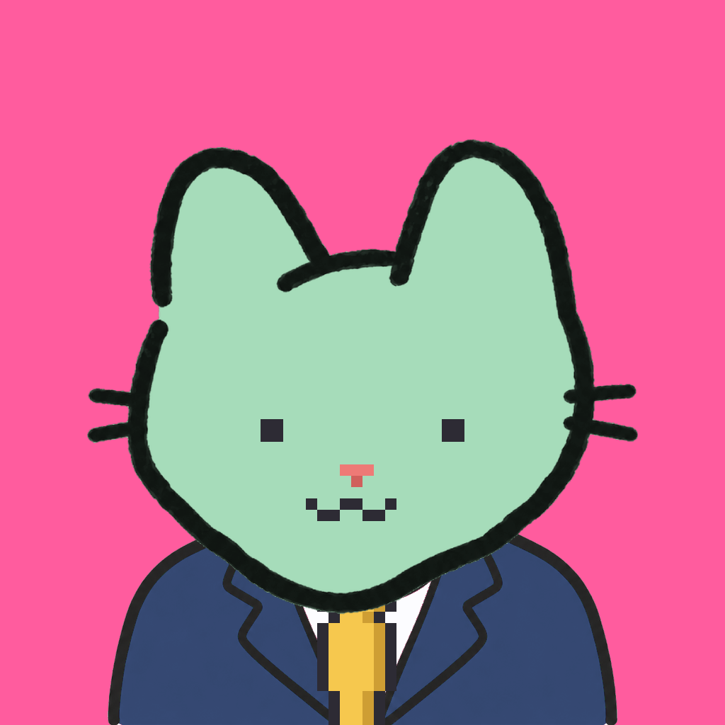 Employee #0348 — a mint cat, in a navy suit, with a gold tie, on hot pink