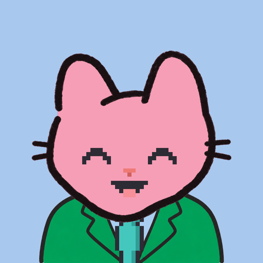 Employee #0349 — a pink cat, in a green suit, with a teal tie, on sky