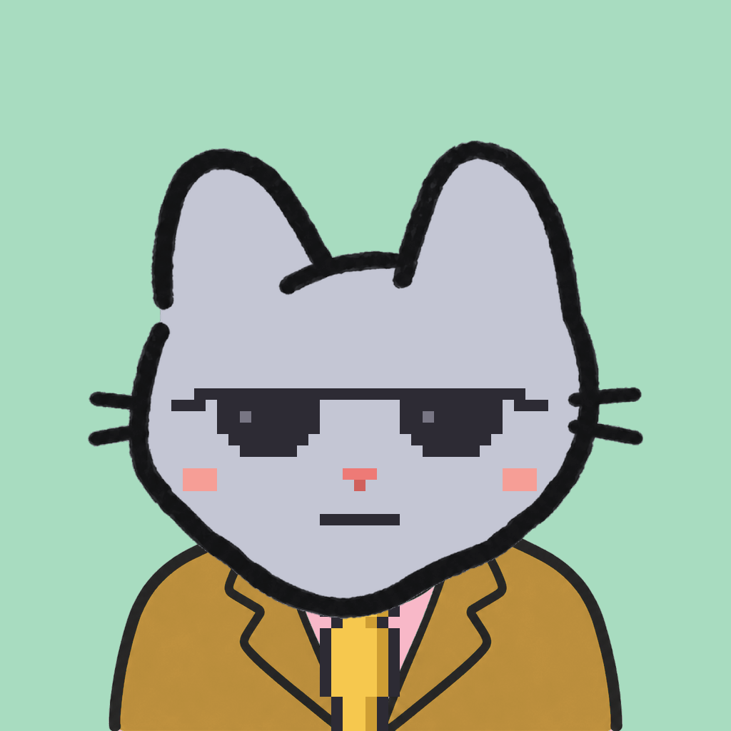Employee #0035 — a gray cat, in a mustard suit, with a gold tie, wearing shades glasses, on mint