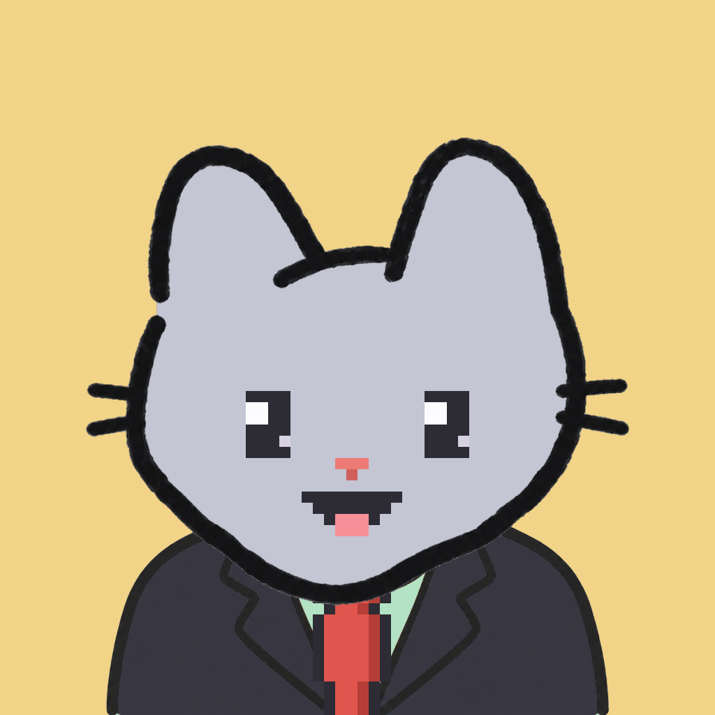 Employee #0350 — a gray cat, in a black suit, with a red tie, on butter