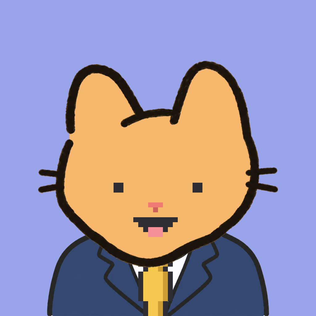 Employee #0351 — a tabby cat, in a navy suit, with a gold tie, on periwinkle