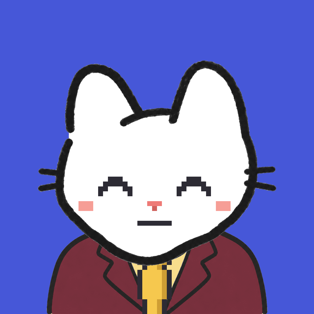 Employee #0352 — a white cat, in a burgundy suit, with a gold tie, on royal