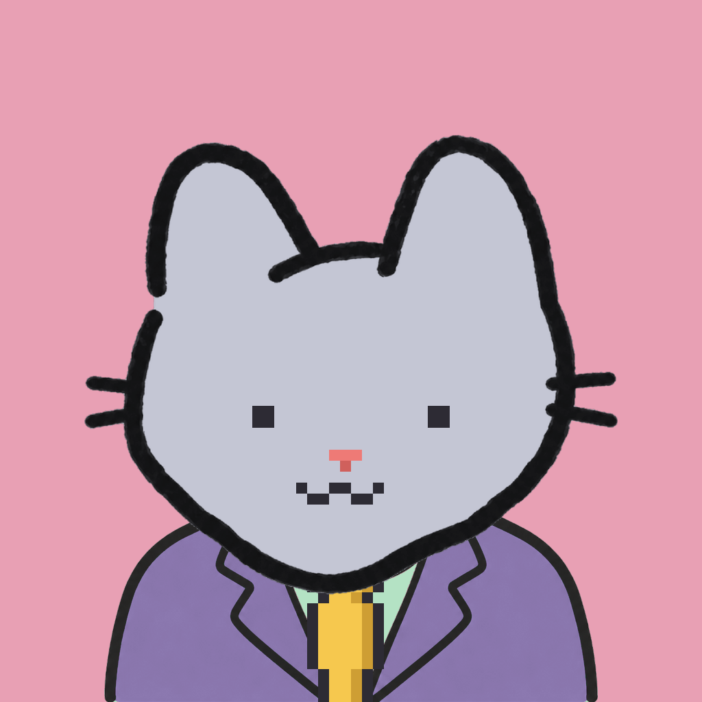 Employee #0353 — a gray cat, in a lavender suit, with a gold tie, on rose