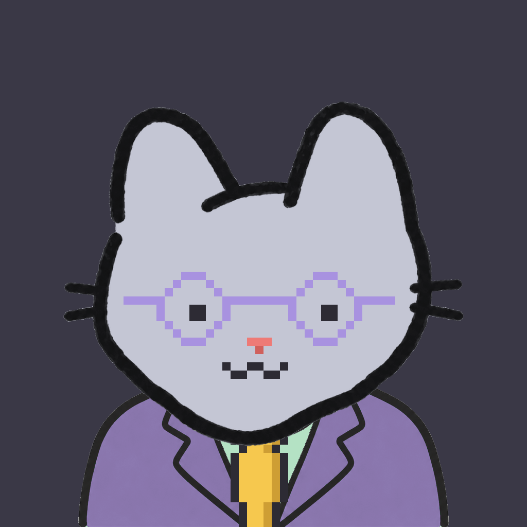 Employee #0354 — a gray cat, in a lavender suit, with a gold tie, wearing round-lavender glasses, on charcoal