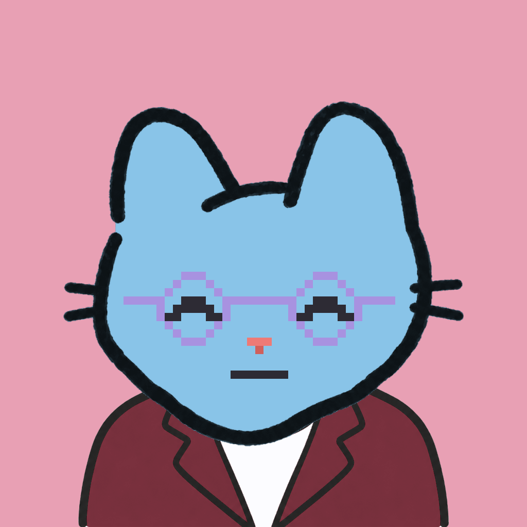 Employee #0355 — a sky cat, in a burgundy suit, wearing round-lavender glasses, on rose